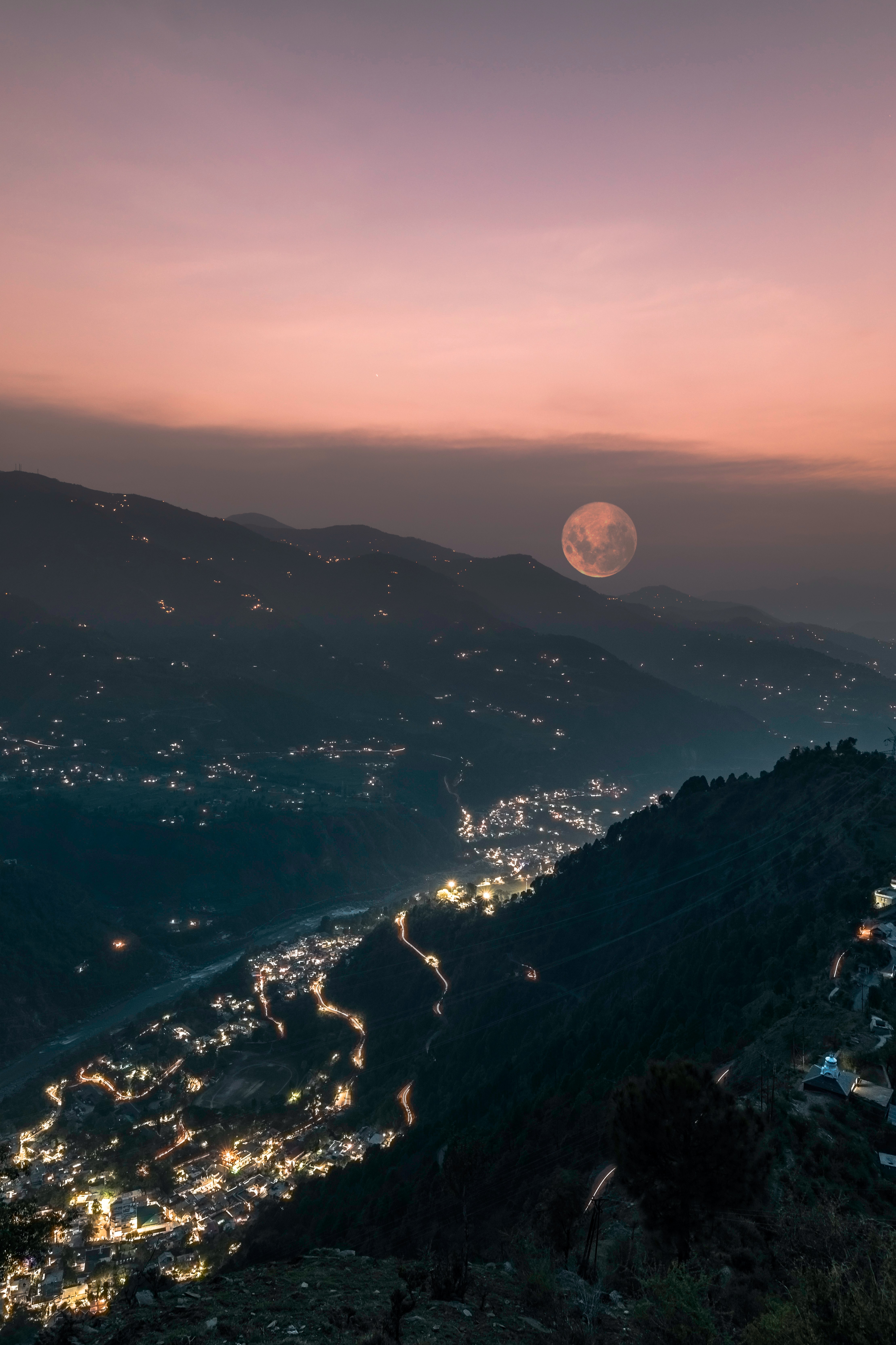 Mountains Valley City Lights Moon Fog Night