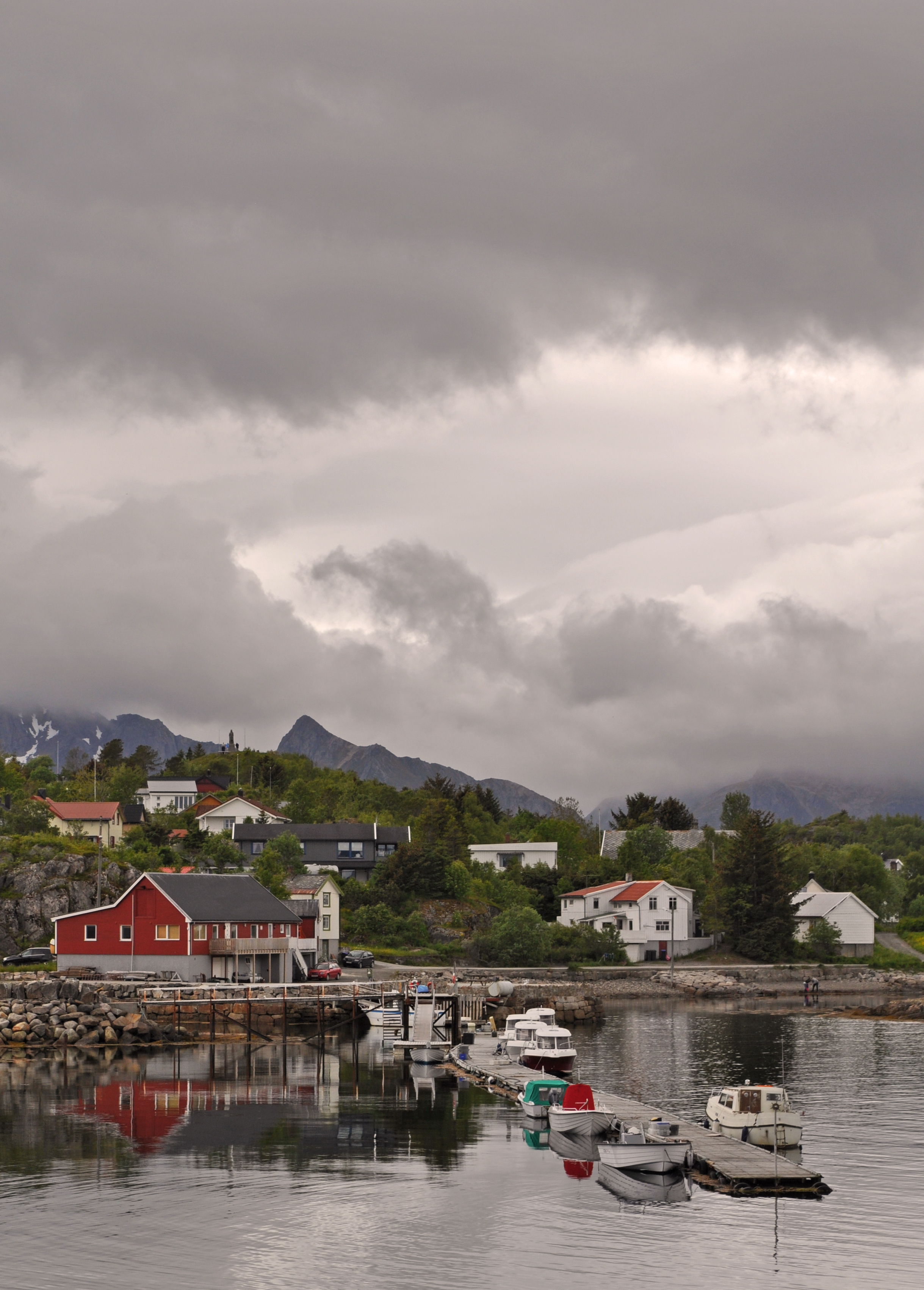 Mountains Village Houses Pier Boats Nature