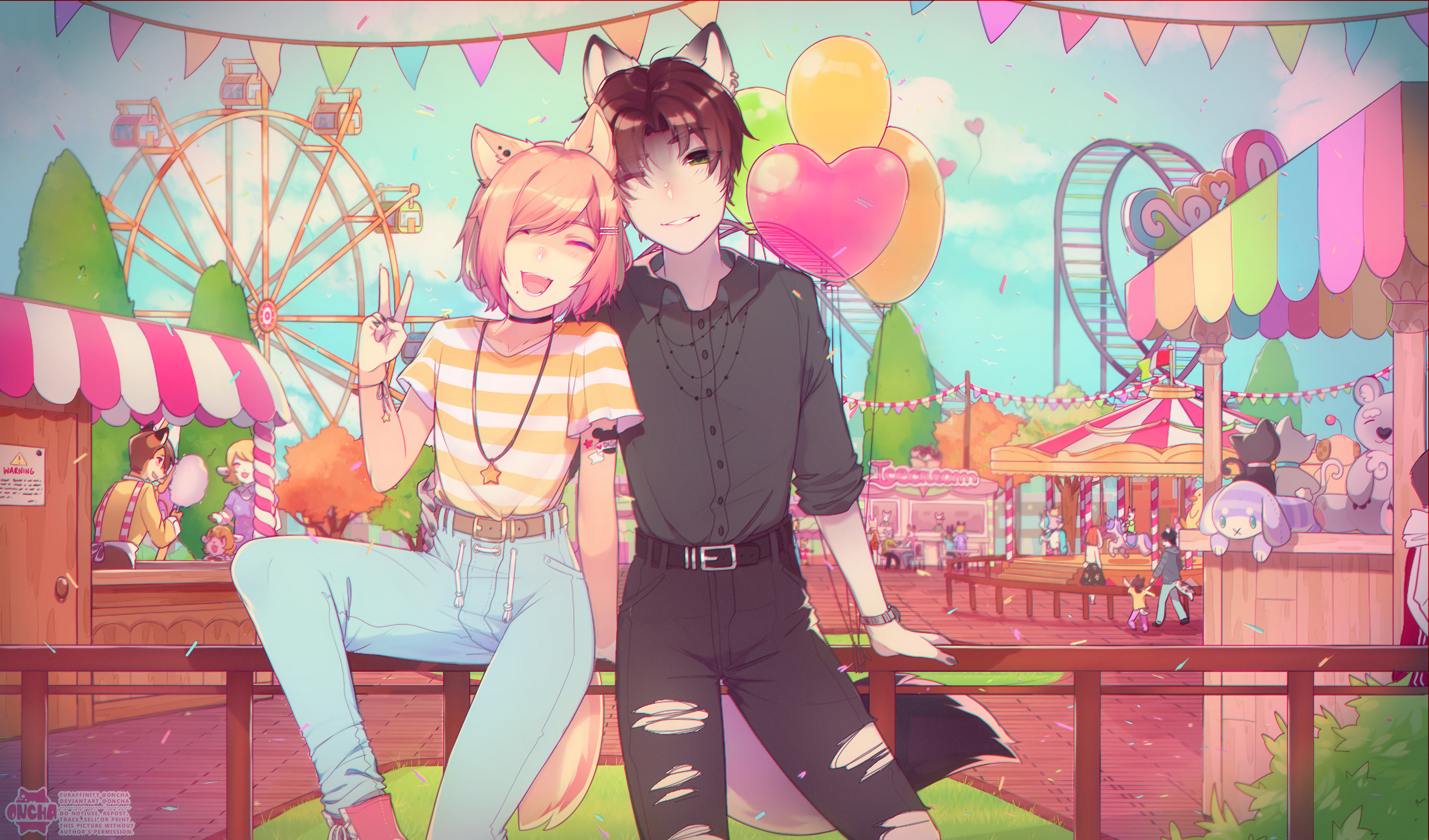 Neko Couple Smile Amusement-park Happy Anime