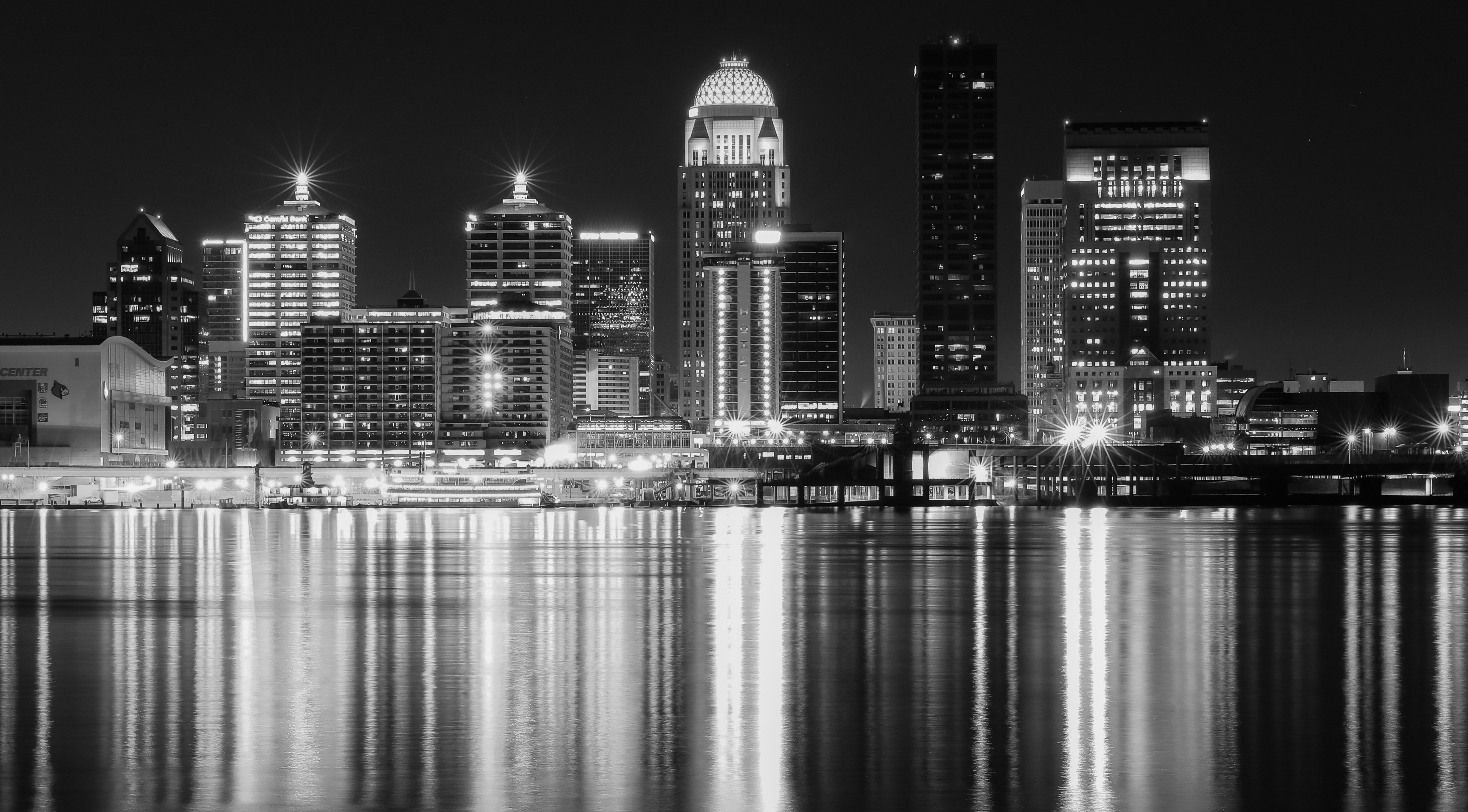 Night-city City Buildings Lights Water Reflection Black-and-white