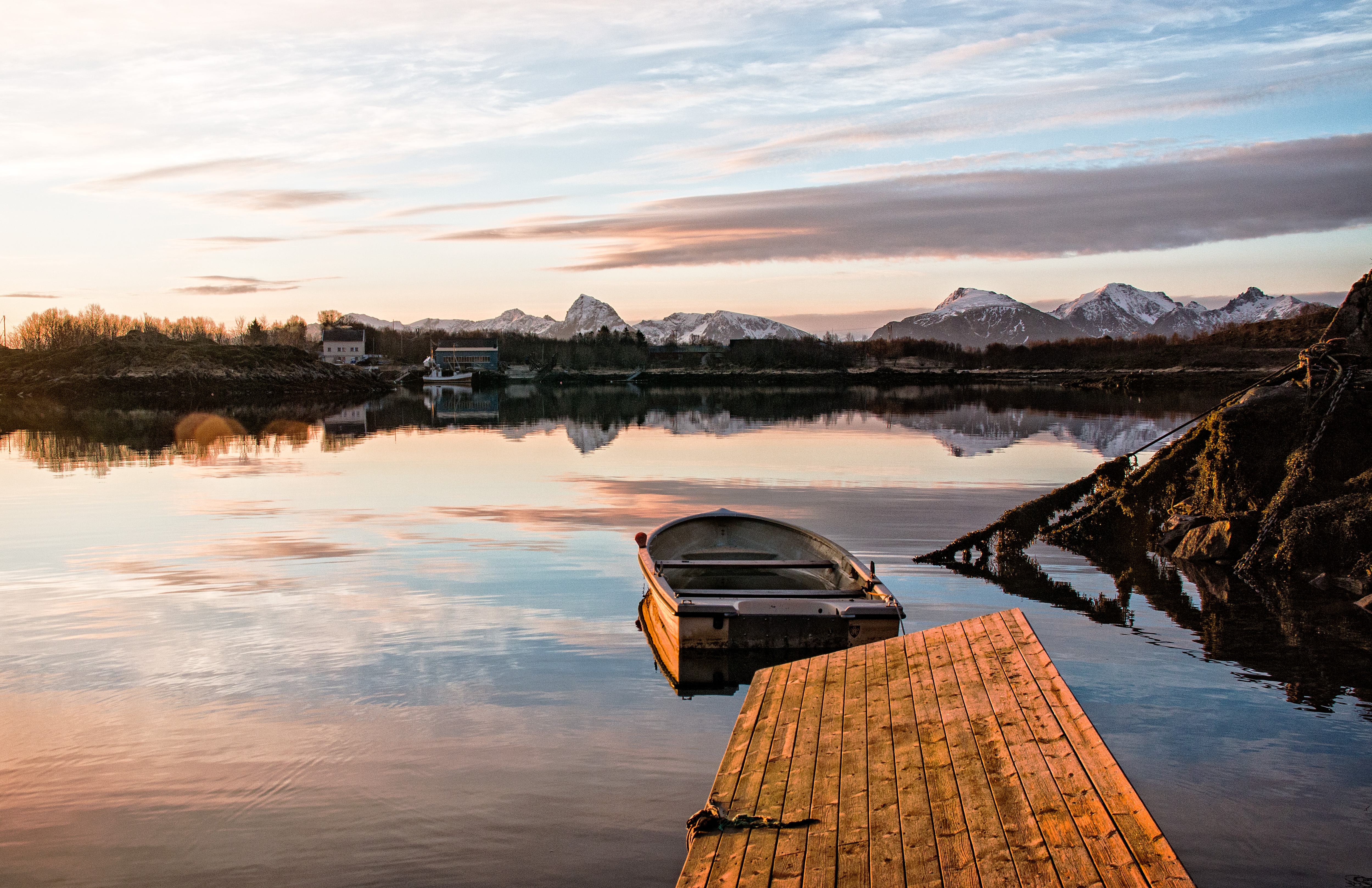 Pier Boat Lake Mountains Landscape