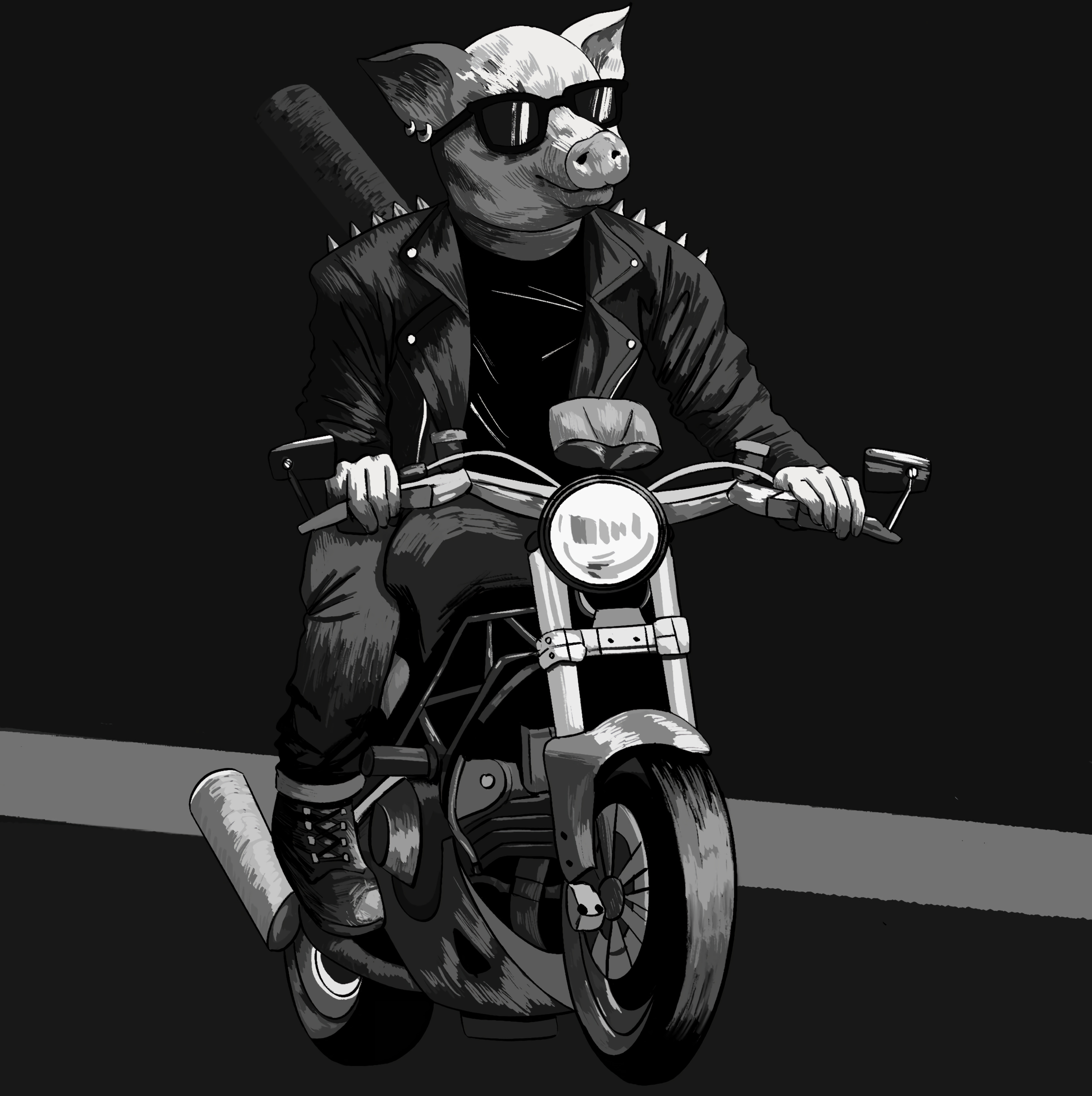 Pig Sunglasses Biker Motorcycle Art Black-and-white