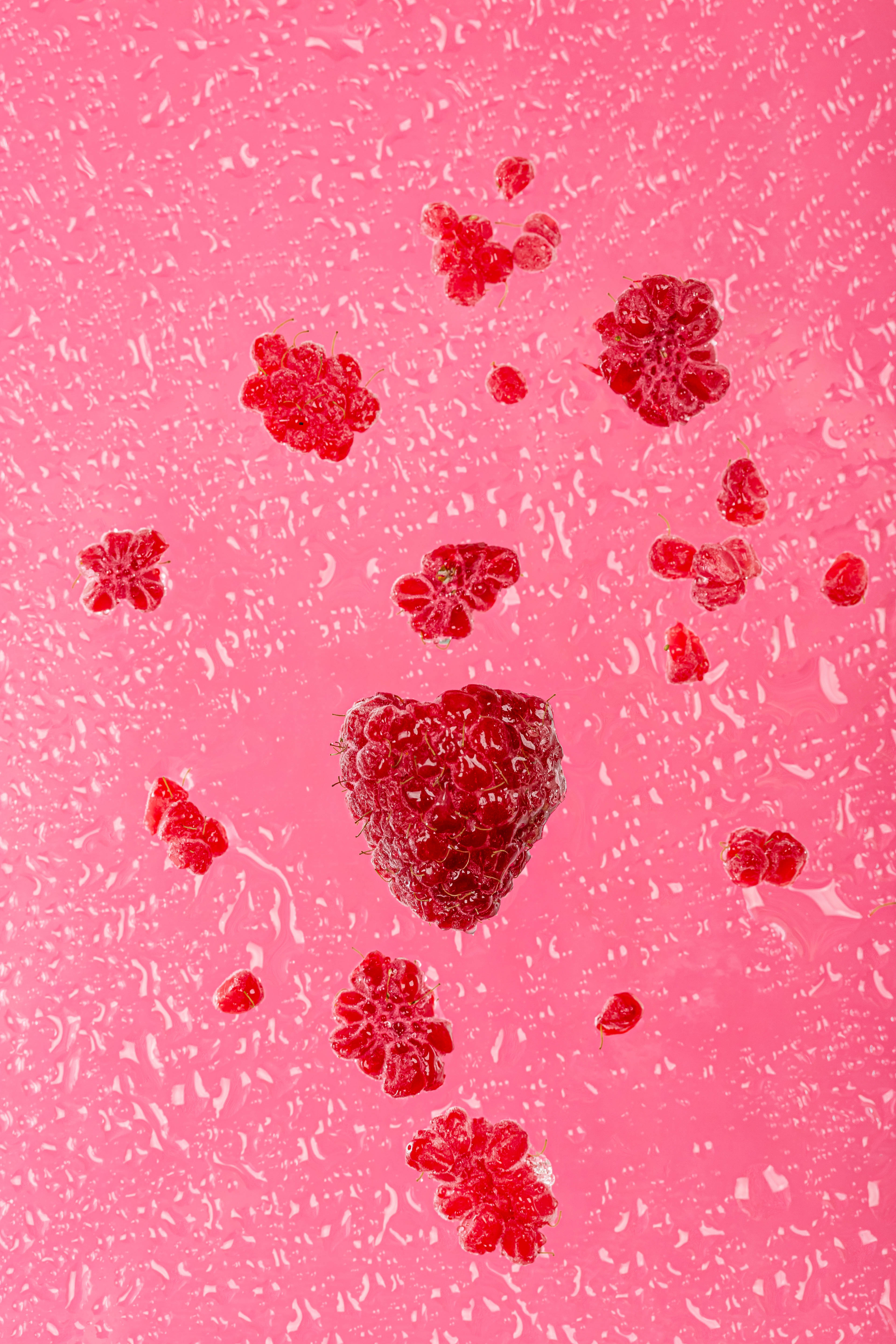 Raspberries Berries Drops Pink Macro