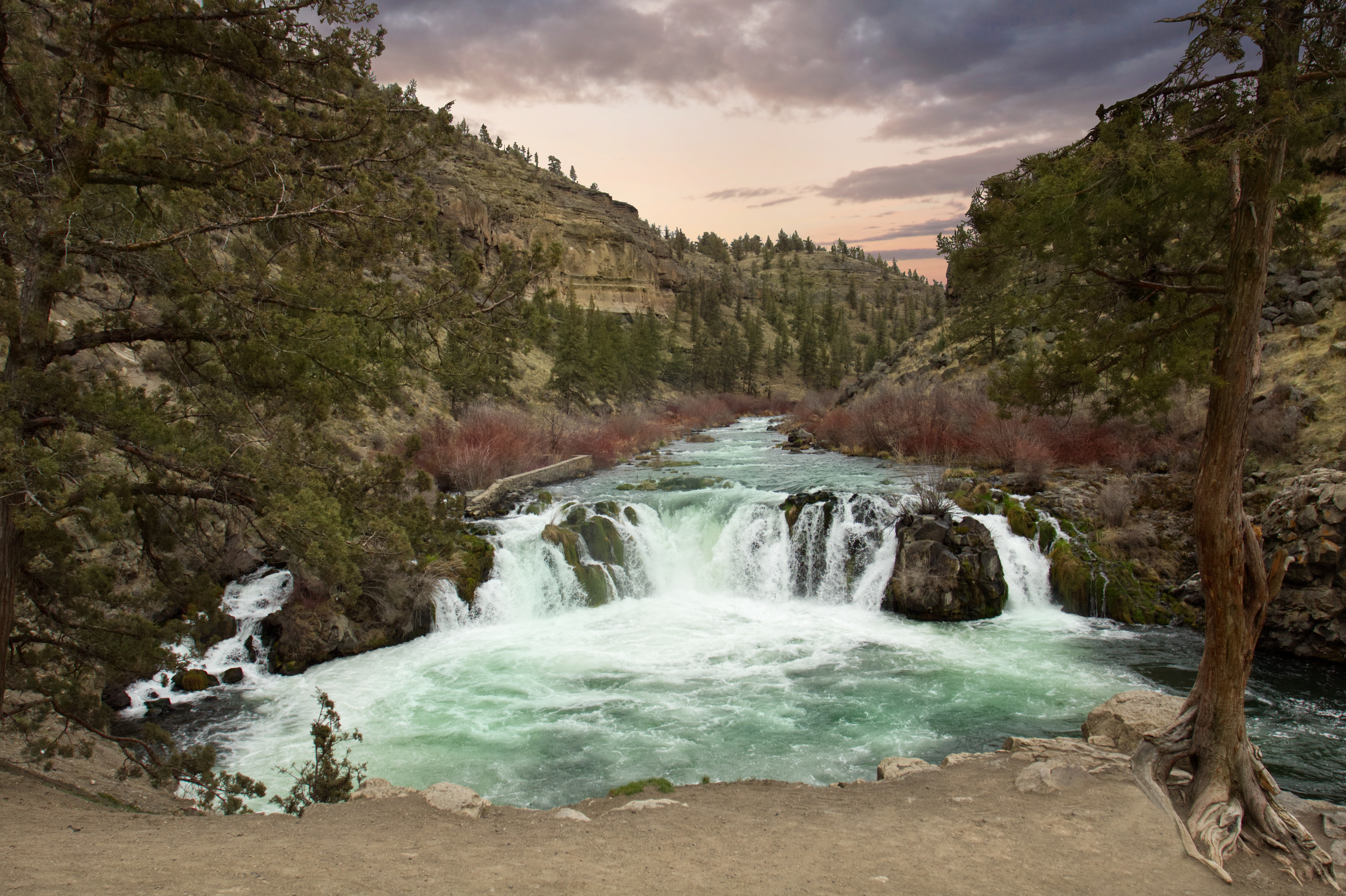 River Waterfall Mountains Trees Landscape