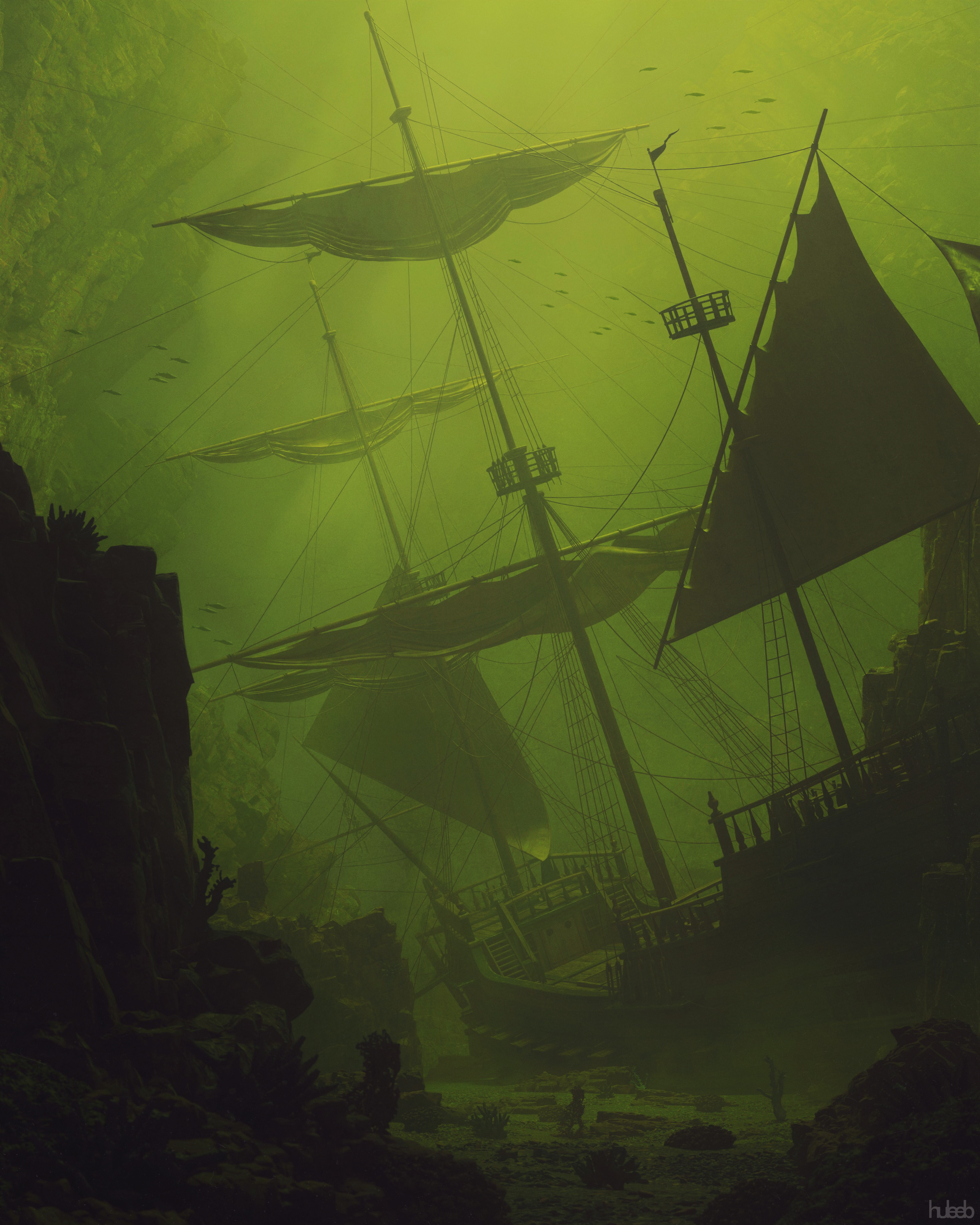 Ship Sail Underwater Green Dark