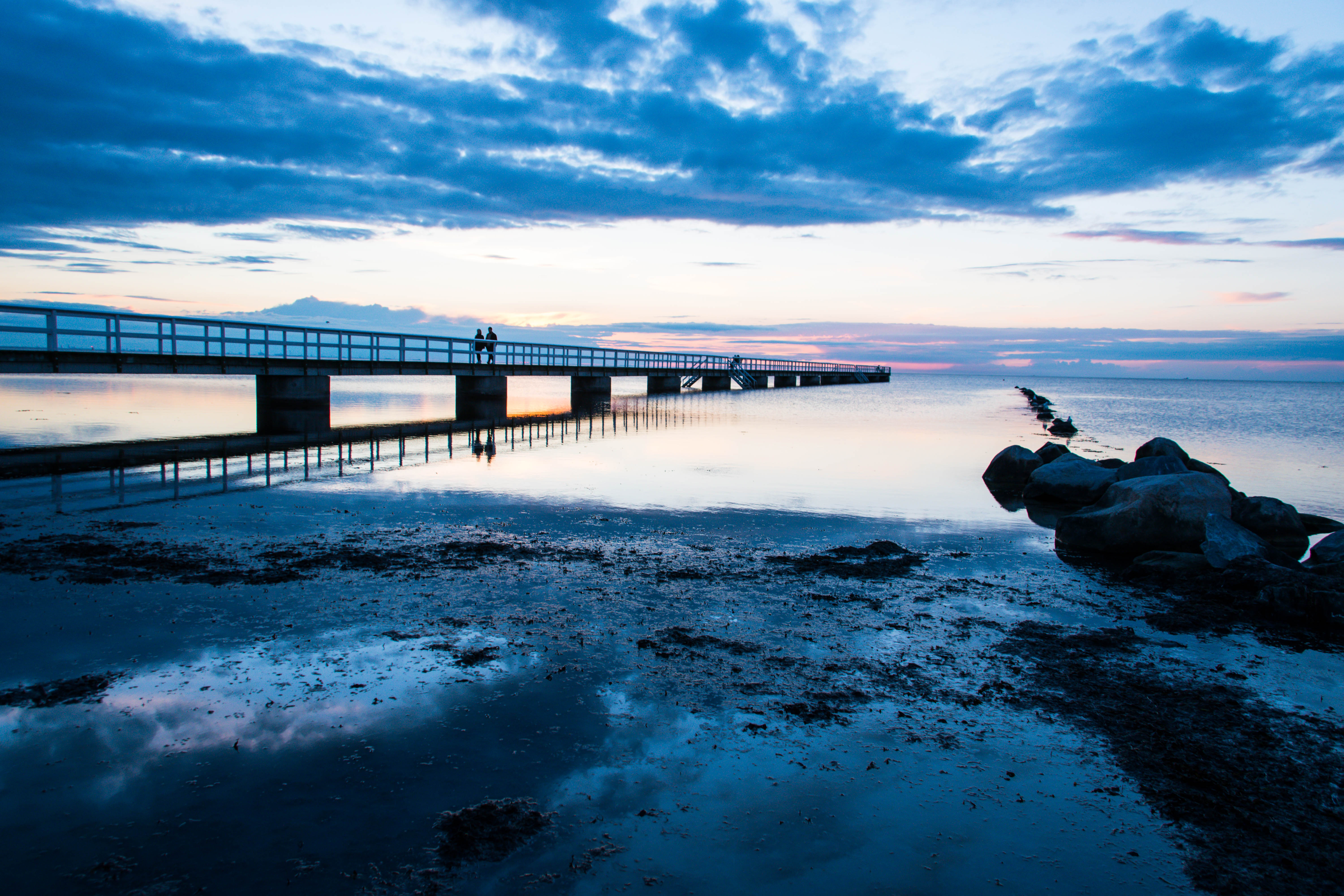 Shore Bridge Silhouettes Sea Water Twilight