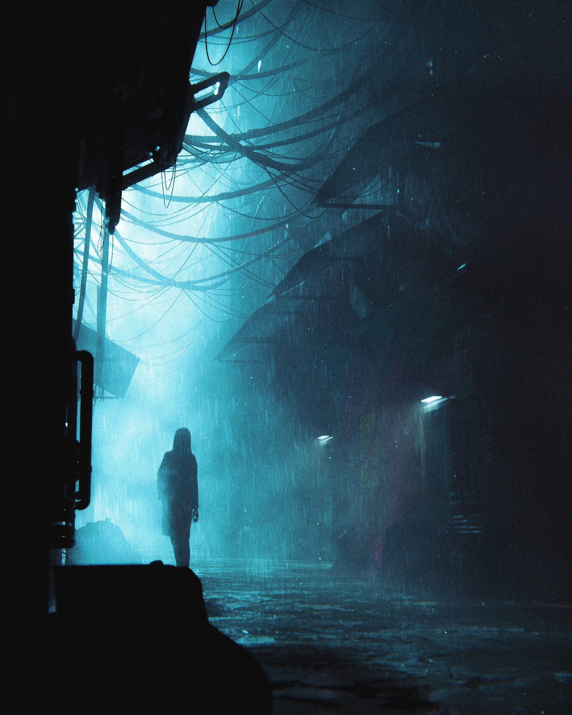 Silhouette Rain Street Blue Dark