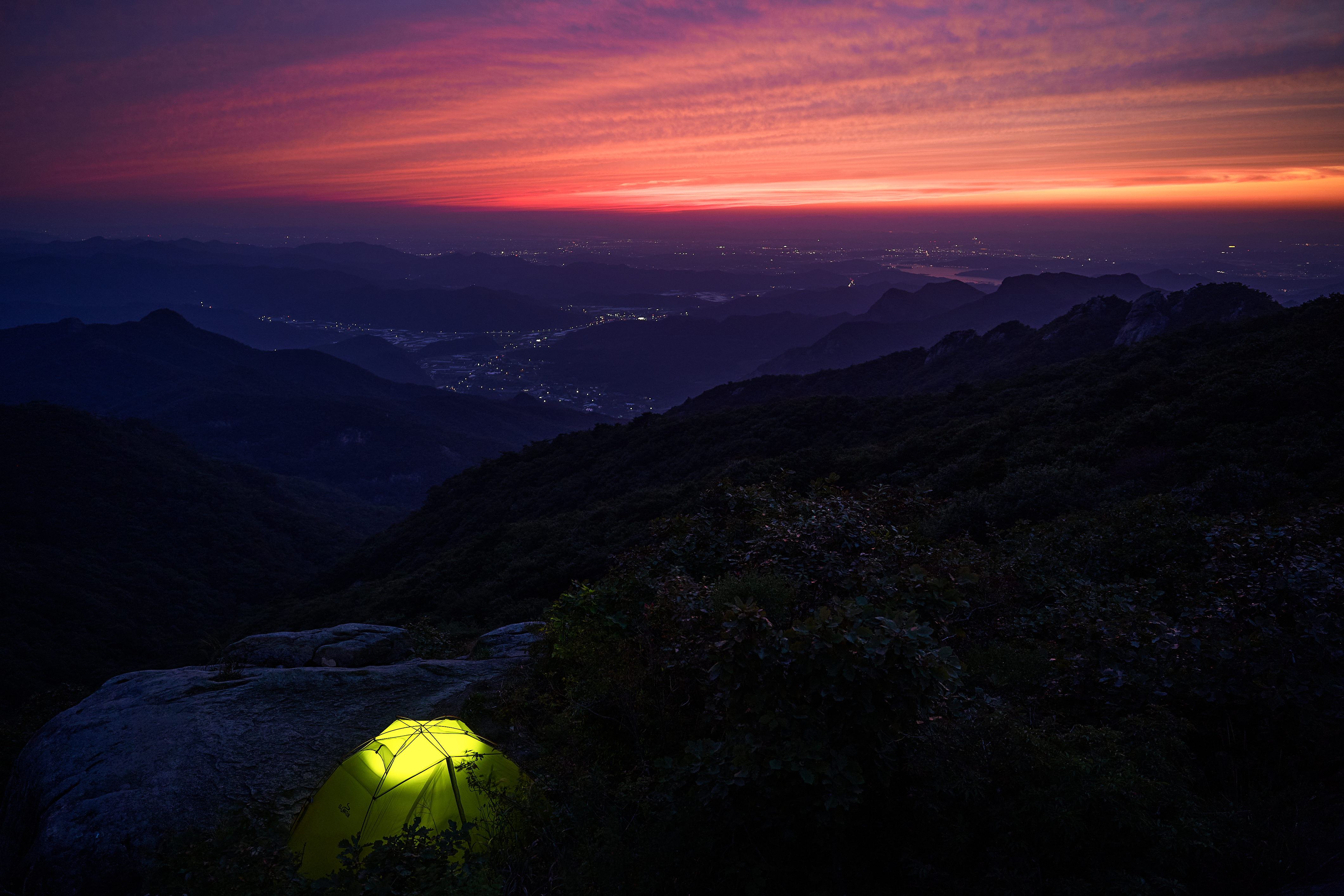 Tent Hike Mountains Twilight Dark