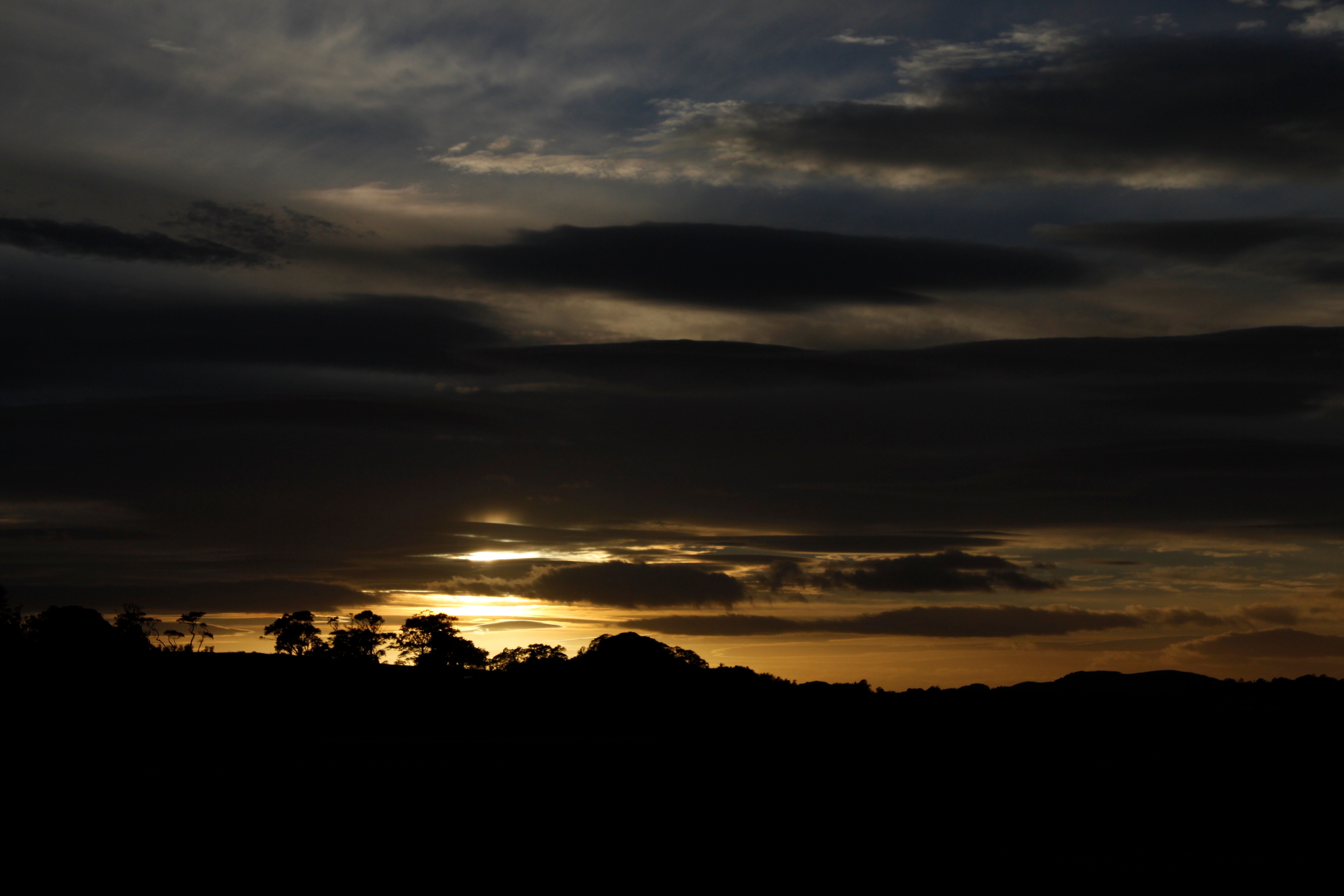 Trees Silhouettes Clouds Sky Twilight Dark