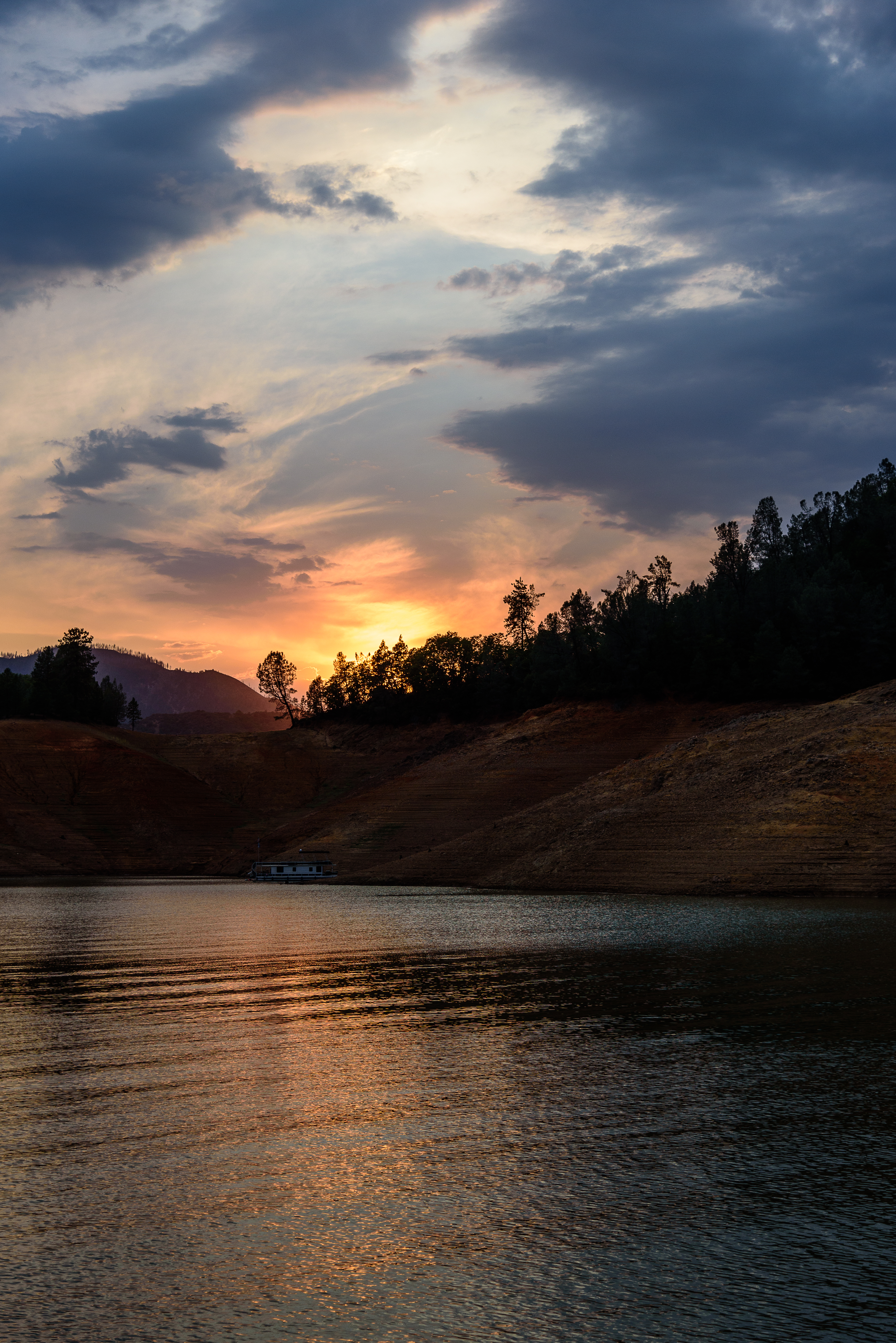 Trees Silhouettes Lake Sunset Landscape Dark