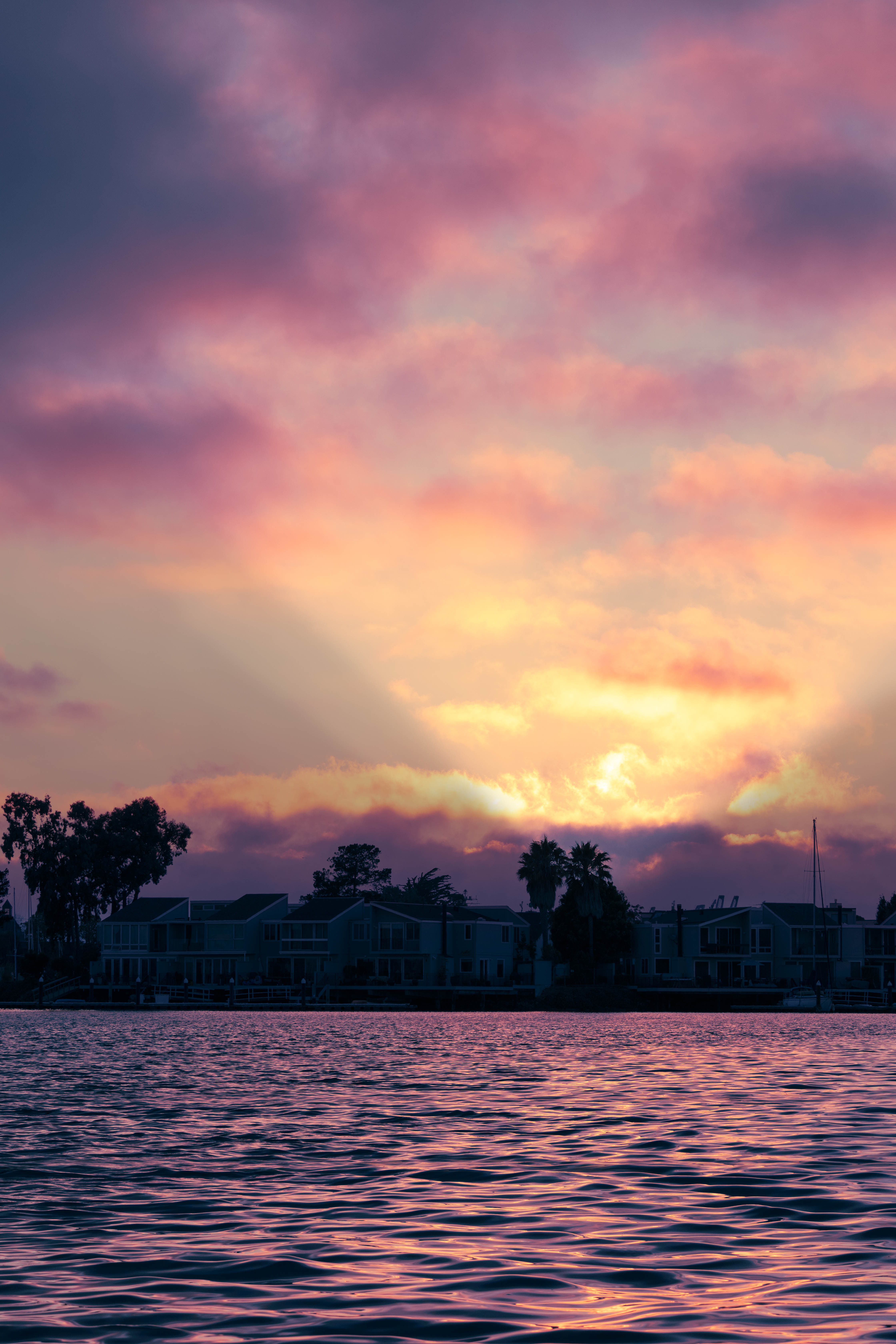 Water Waves Buildings Trees Twilight Dark