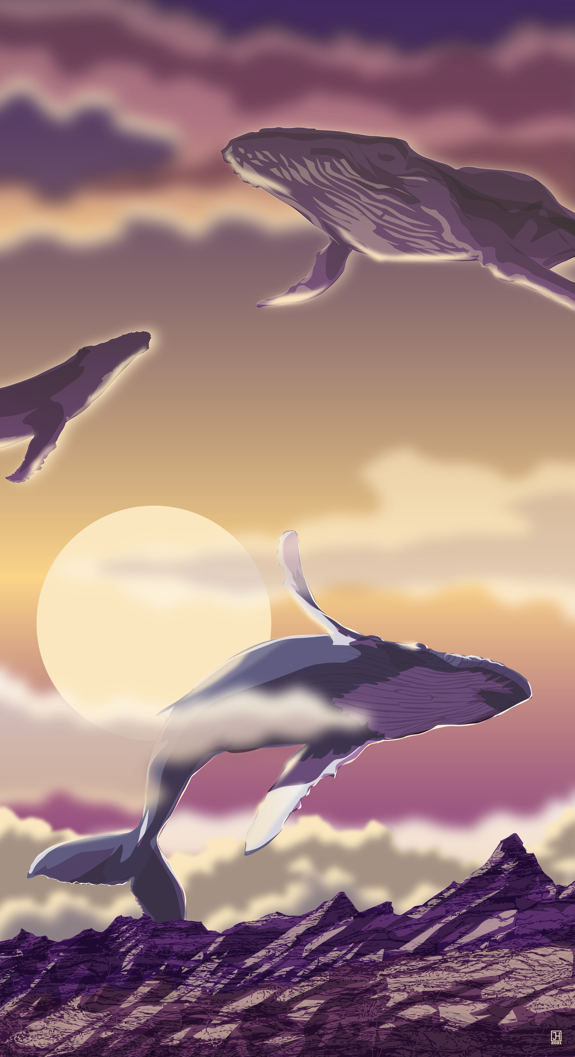 Whales Sea Sun Art