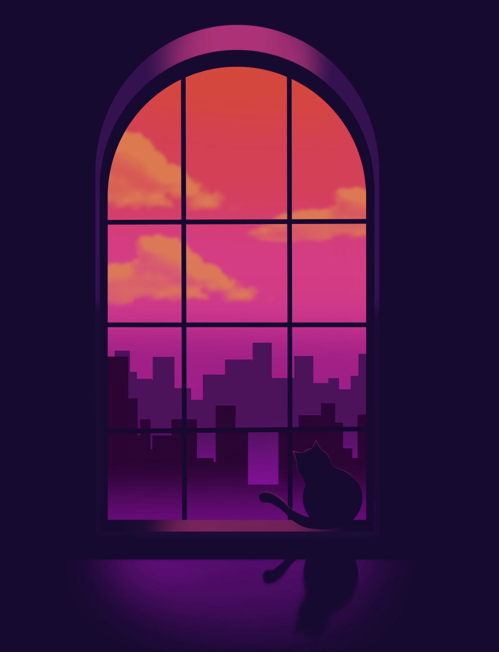 Window Cat Silhouettes Buildings Purple Art