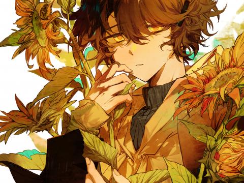 Boy Sunflowers Flowers Anime Art