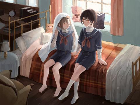 Boys Friends Bed Anime Art