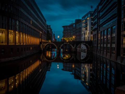 Buildings Bridge Architecture River Twilight Dark