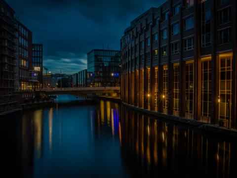 Buildings Bridge River Twilight Dark