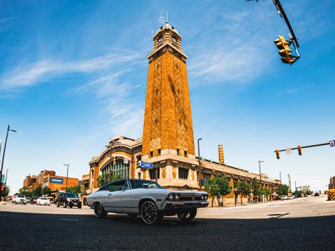 Car White Retro Tower Road