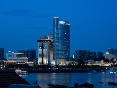 City Buildings Architecture Lights Water Twilight