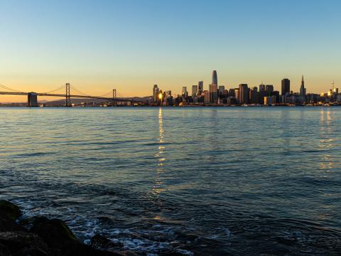 City Buildings River Water Light Twilight