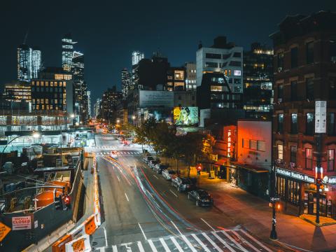 City Buildings Road Night Lights Aerial-view