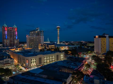 City Buildings Tower Lights Twilight Aerial-view