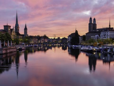 City Buildings Water River Sunset