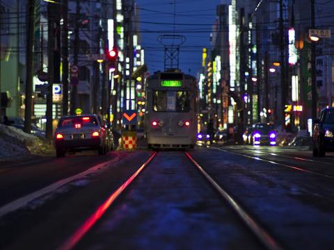 City Tram Rails Buildings Street Lights