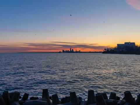 Coast Sea Water Buildings Horizon Twilight