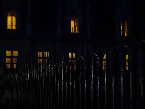 Fence Spikes Building Windows Night Dark