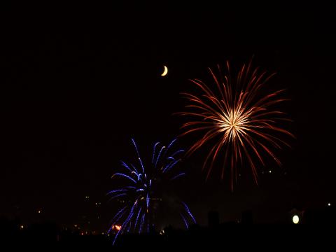 Fireworks Sparks Explosions Moon Night Dark