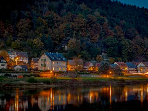 Forest Houses Lake Reflection Landscape