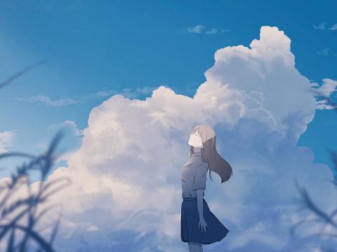Girl Alone Smile Clouds Anime Art