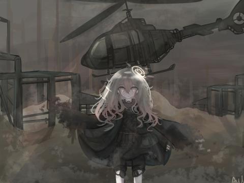 Girl Alone Tears Helicopter War Anime