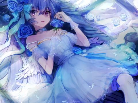 Girl Angel Dress Wings Anime Art Blue