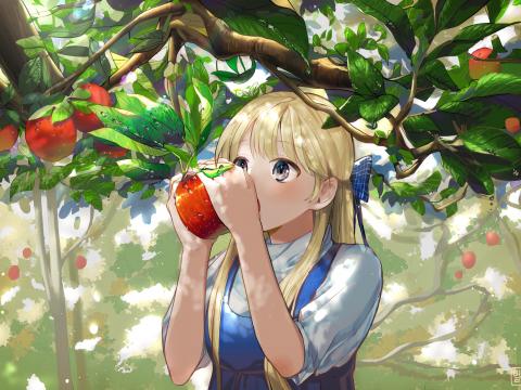Girl Apple Garden Anime Art