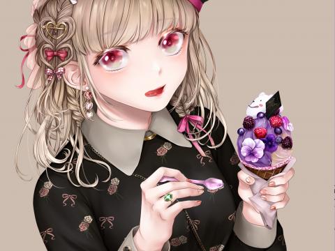 Girl Beret Ice-cream Dessert Anime Art