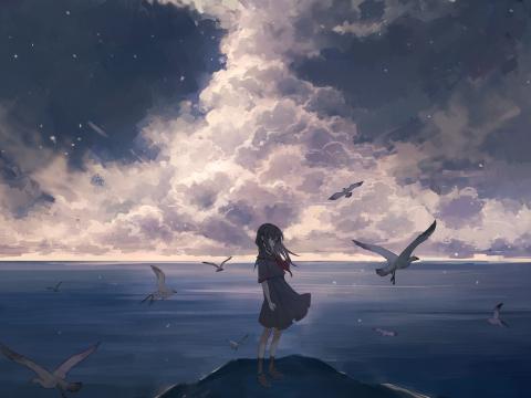 Girl Birds Clouds Sea Anime Art