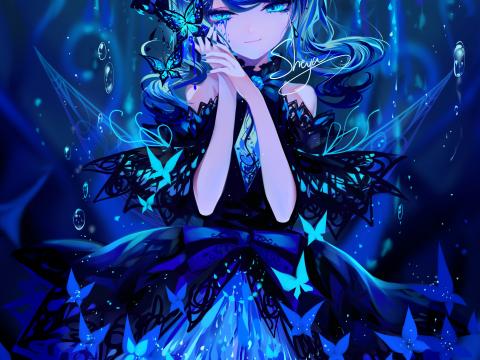 Girl Butterflies Anime Art Blue