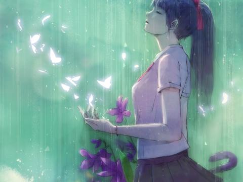 Girl Butterflies Rain Anime Art