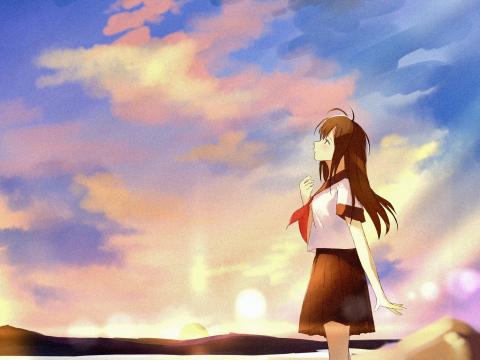 Girl Coast Clouds Twilight Anime Art