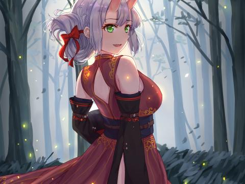 Girl Demon Horns Forest Anime Art Cartoon