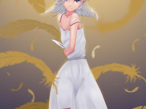 Girl Dress Feathers Anime Art