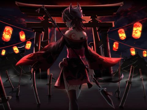 Girl Dress Ninja Lanterns Anime Art