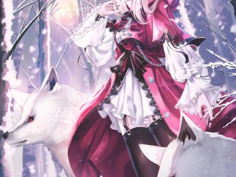 Girl Dress Wolves Winter Anime Art