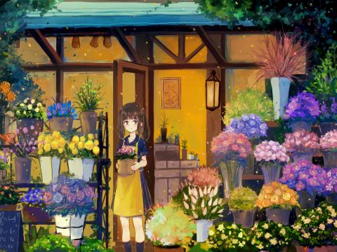 Girl Flowers Bouquets Anime Art