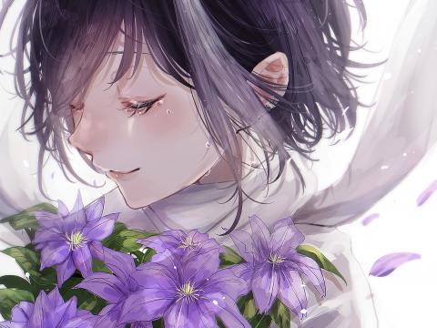 Girl Flowers Tears Sad Anime Art