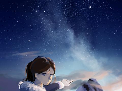 Girl Gesture Mountains Night Free Anime