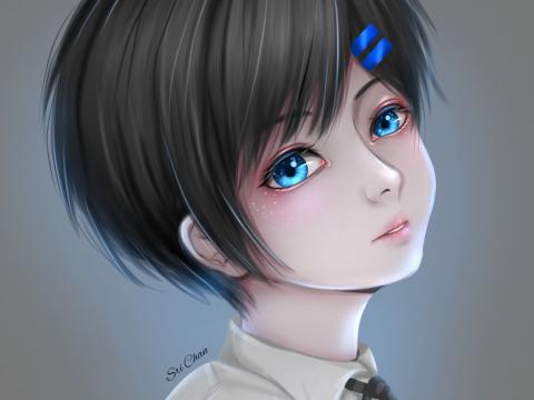 Girl Glance Anime Art Blue