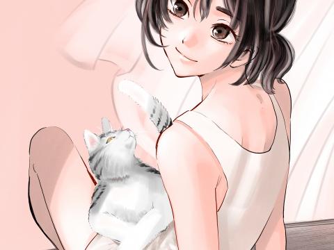 Girl Glance Cat Pet Anime Art